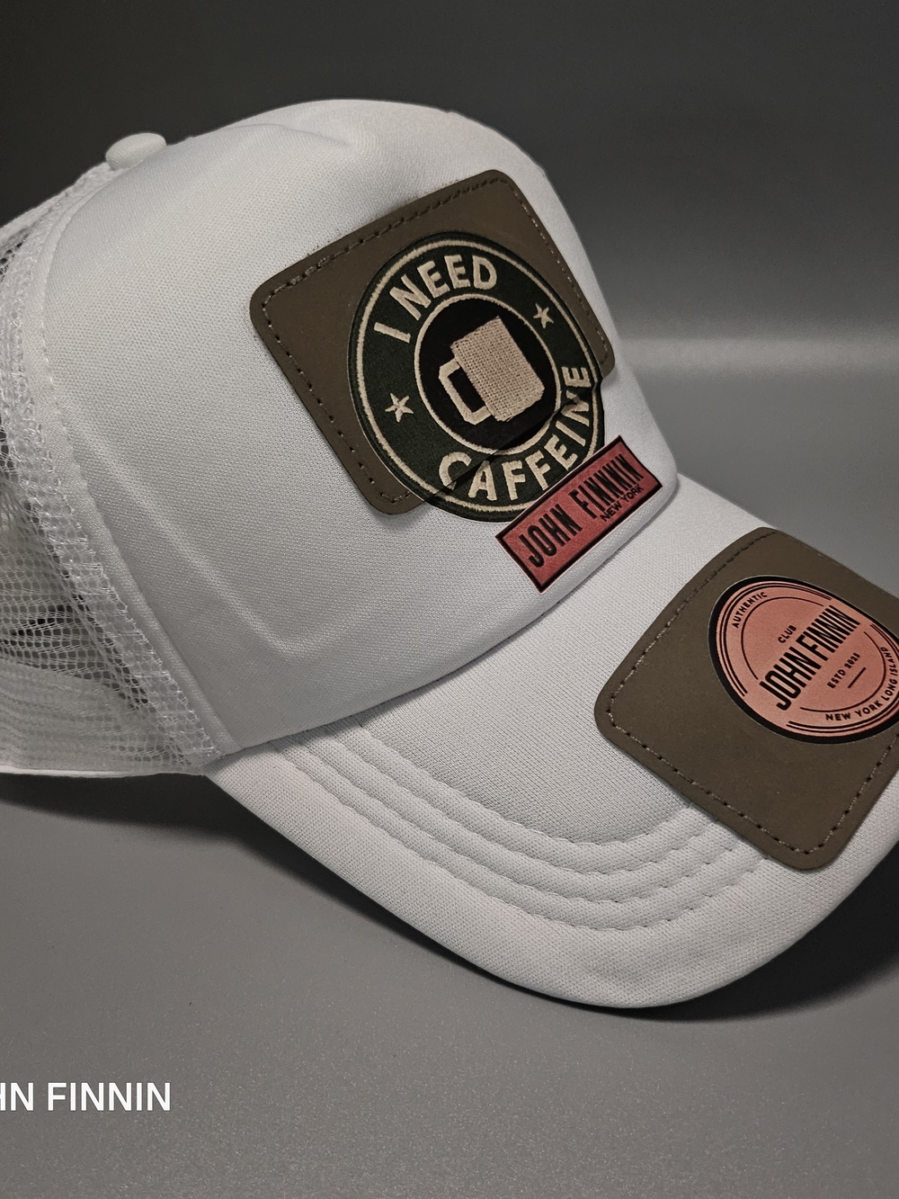 John Finnin 'I Need Caffeine' White Trucker Hat